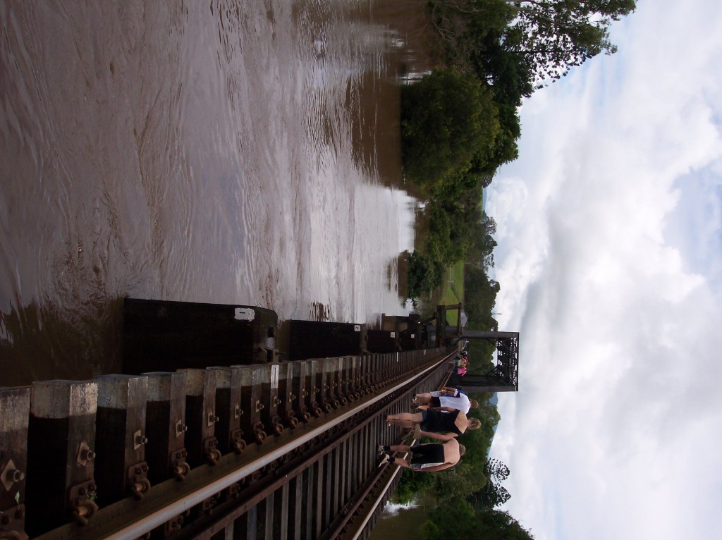 People using hte railway line as a bridge